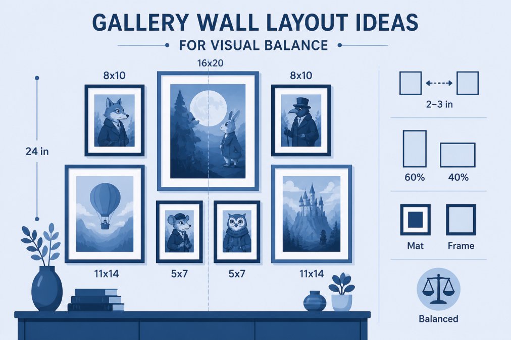 Well-curated gallery wall featuring multiple artistic posters of varying sizes arranged in balanced composition with symmetrical spacing and mixed orientations on neutral wall, showing character-driven designs with complementary matting and frames
