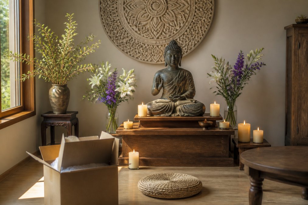 Serene meditation corner with a Buddha statue elevated on a wooden pedestal, surrounded by lit candles and fresh flowers, with soft natural light streaming through a nearby window creating a peaceful sacred space