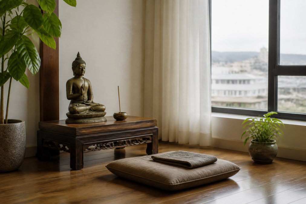 A serene home meditation corner in a bright apartment, featuring a low wooden table with a bronze Buddha statue, a small incense holder, and a folded meditation cushion near a window with soft natural light