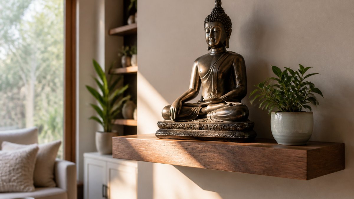 Bronze Buddha statue on an eye-level wooden shelf to display buddhist statues in a calm, sunlit living room.