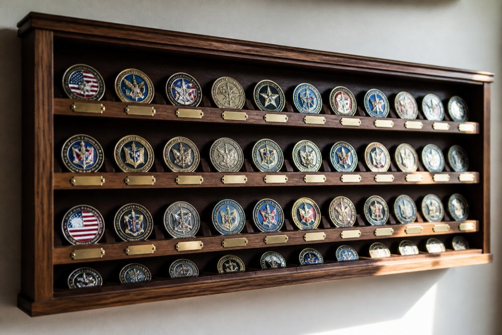 Close-up of a wooden wall-mounted display case with challenge coins arranged in individual slots, each coin positioned vertically with engraving plates visible below, natural light illuminating the coins' details