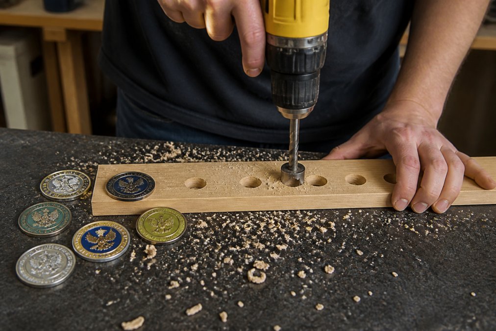 Hands carefully drilling holes into a wooden board using a power drill with a Forstner bit, coins placed nearby as reference for sizing, wood shavings visible on the work surface