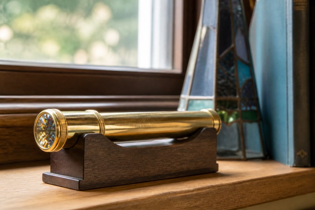 Slender brass kaleidoscope resting on a dark wooden stand to display collectible kaleidoscopes on a shelf
