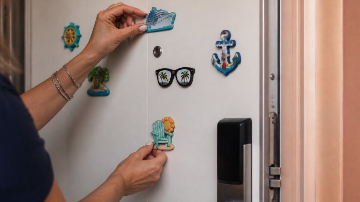 Close-up of hands carefully positioning and arranging colorful personalized magnets on a cruise cabin metal door, showing proper placement technique with multiple magnets at different heights