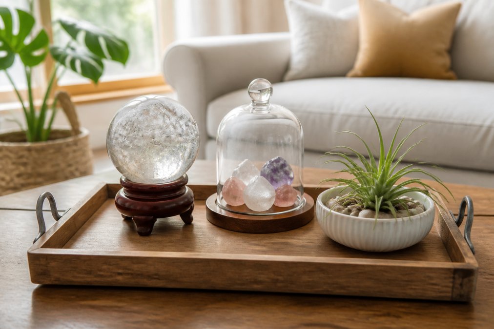 Infographic layout showing 7 creative ways to display crystals on a wooden tray with a glass cloche and air plant.