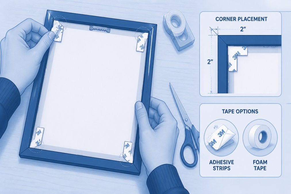 Close-up of hands carefully applying adhesive strips to the back of a framed art print, showing proper placement in frame corners on a light wooden table with tools nearby