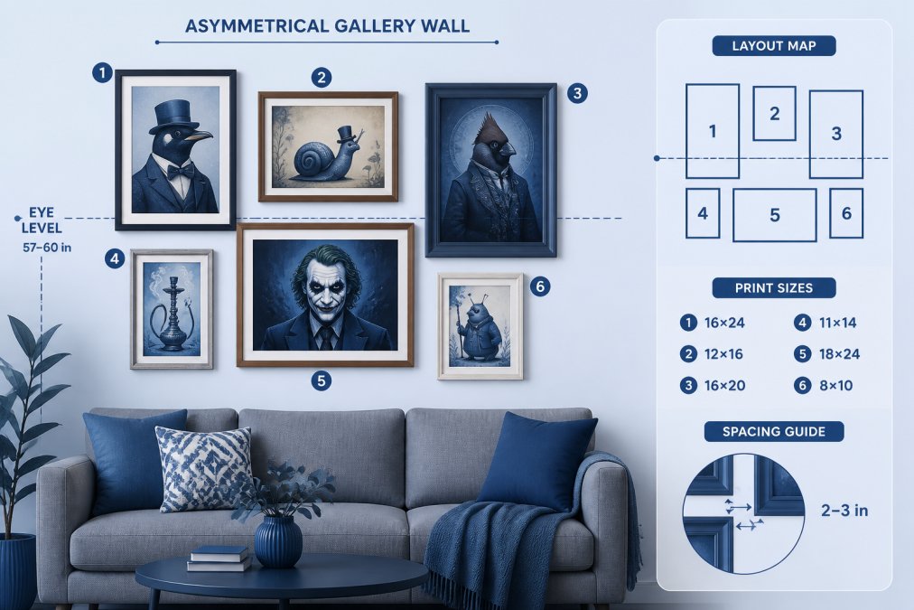 Living room wall displaying a professionally arranged asymmetrical gallery wall with six fable art prints in varied frame styles and wood tones, showing whimsical character artwork at eye level above a gray upholstered sofa with proper spacing between frames