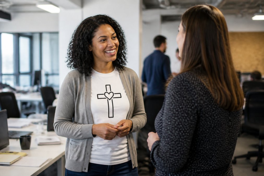 A professional in a modern office wearing a subtle Christian t-shirt with a scripture message, having a warm conversation with a colleague near a desk