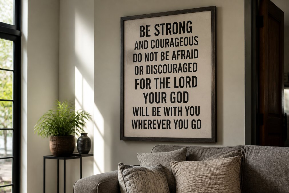A close-up of a framed bold scripture poster on a neutral wall, with soft natural light casting gentle shadows, in a modern living room setting
