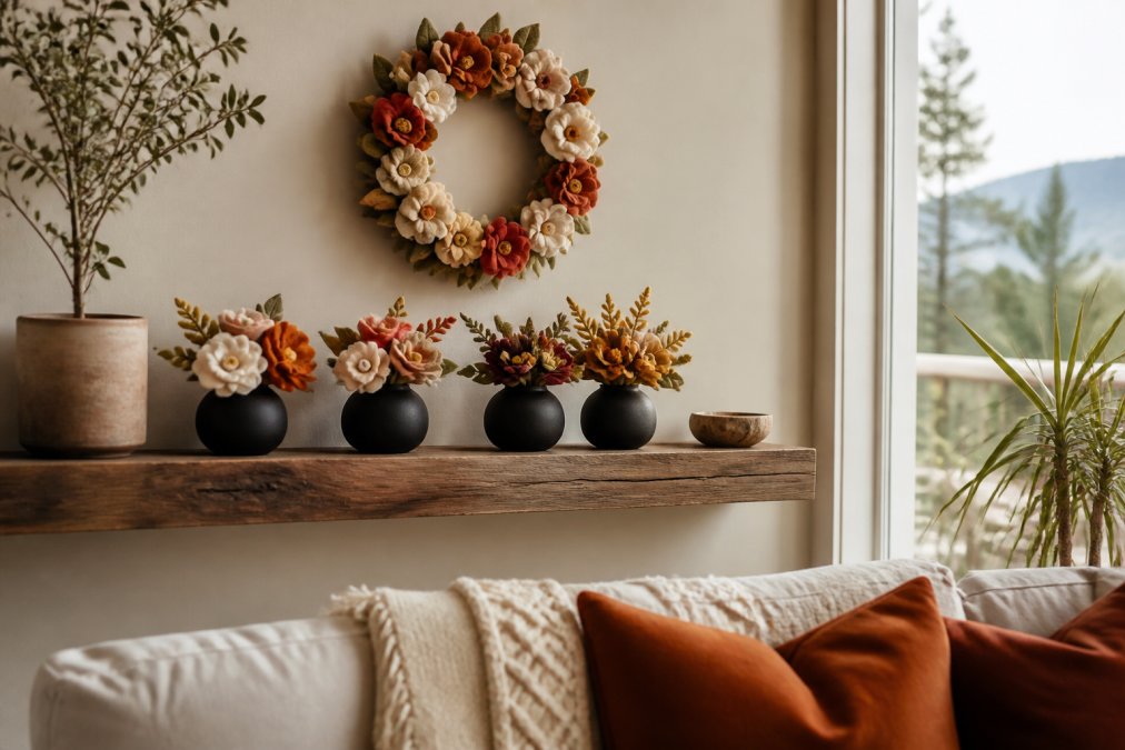 A cozy living room shelf styled with felt flower bouquets in small black vases, a felt wreath on the wall behind, and warm natural light from a window