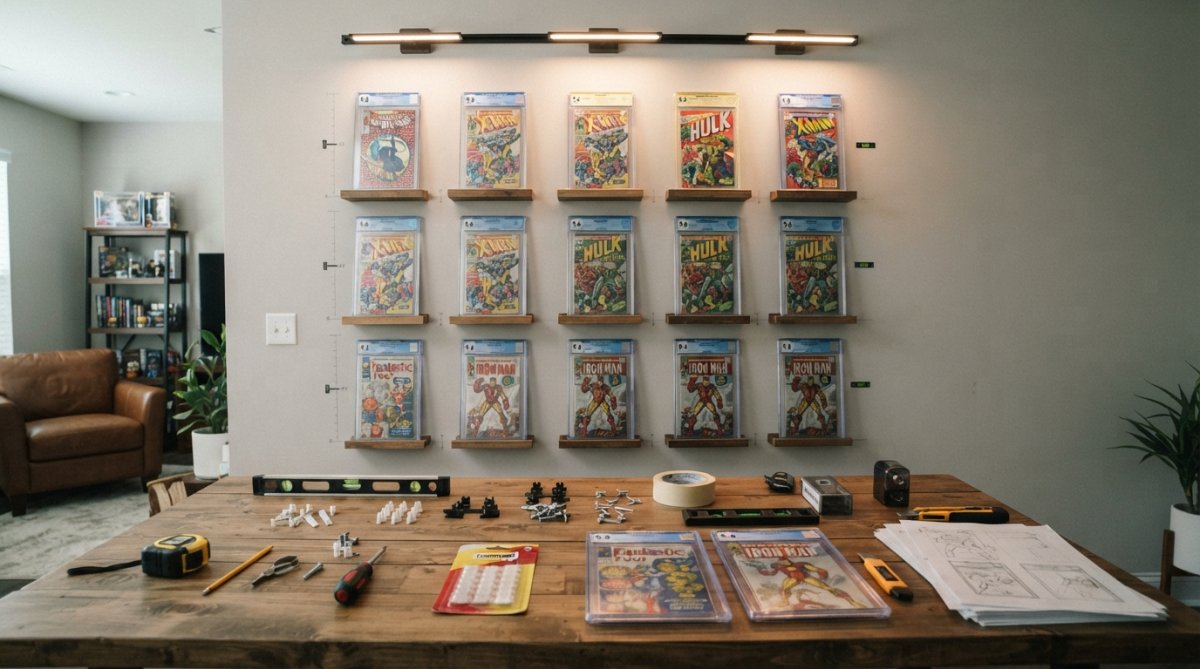 Symmetrical gallery wall used to display graded comic slabs with professional accent lighting in a modern room.