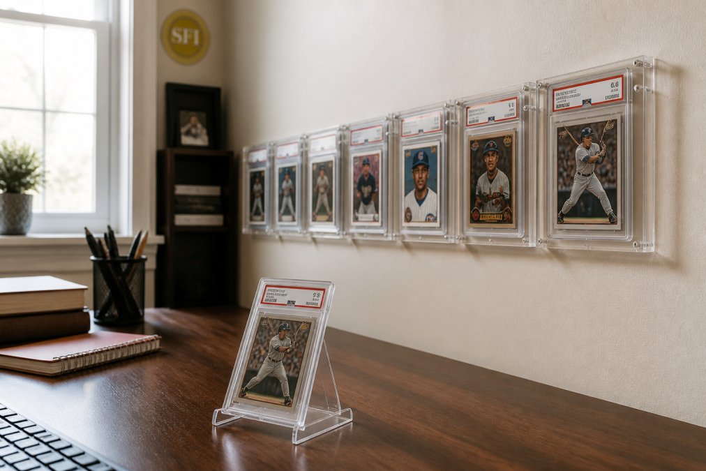 Graded trading cards mounted in clear acrylic frames on a home office wall to display graded trading cards.