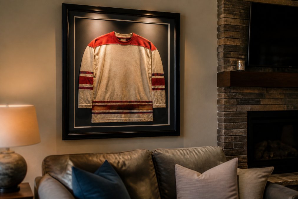 A vintage hockey jersey displayed in a custom frame behind UV-protective glass with archival matting on a living room wall, with soft accent lighting highlighting the jersey's details and colors