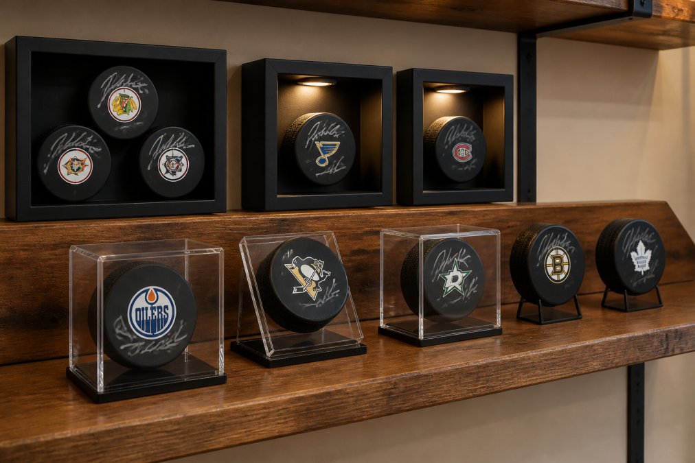 A collection of signed hockey pucks arranged in shadow boxes and acrylic display cases on a wooden shelf, with varied mounting styles showing the pucks at different angles under soft display lighting