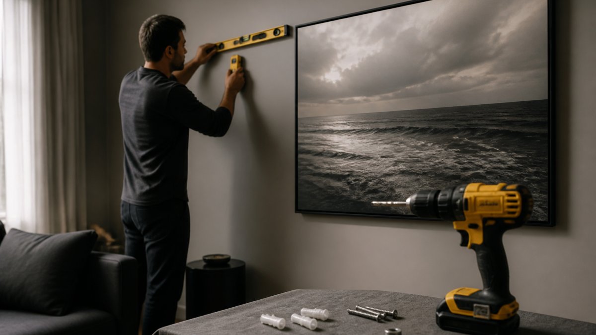 A person using a stud finder and level to mark wall positions for a large framed photograph in a bright living room, with a drill and wall anchors on a nearby table