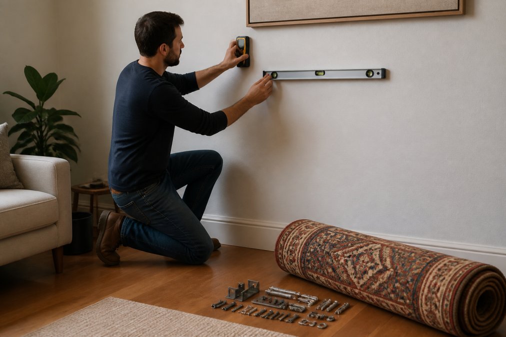 A person using a stud finder and level to mark anchor points on a living room wall, with a large kilim rug rolled nearby and mounting hardware arranged on the floor