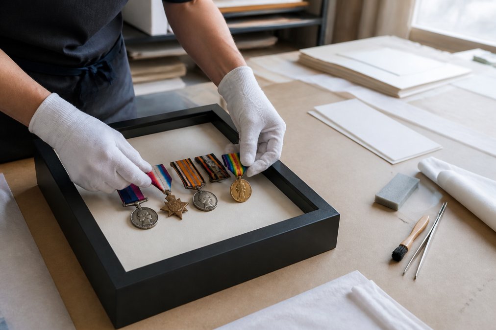 Hands wearing cotton gloves positioning medals on an acid-free board to display medals safely.