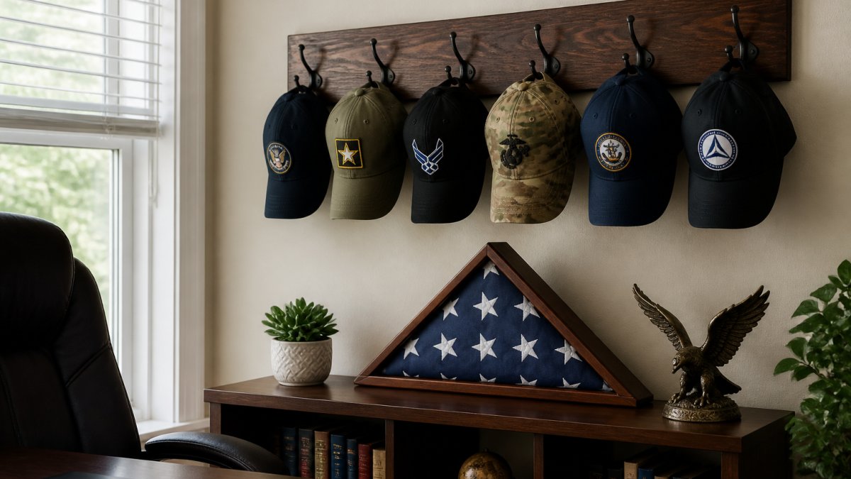 A wall-mounted wooden hat rack in a home office holding several military ball caps with embroidered unit emblems, natural light from a nearby window, a folded American flag on a shelf below