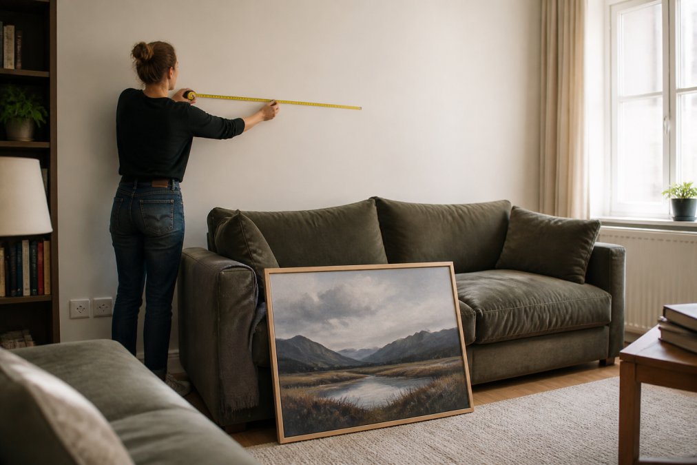 A person holding a tape measure against a living room wall, with a large framed landscape painting leaning against the sofa nearby, natural light streaming in