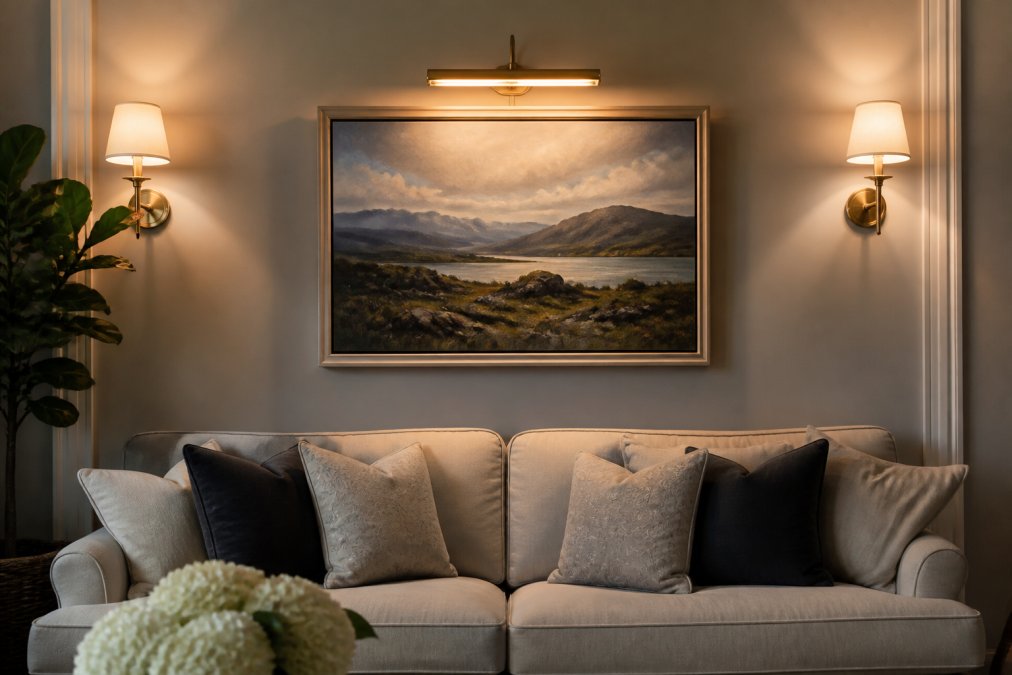 A living room with a single original landscape painting hung above a sofa, illuminated by warm accent lighting from a picture light mounted above the frame, with soft ambient light from wall sconces creating balanced overall room lighting