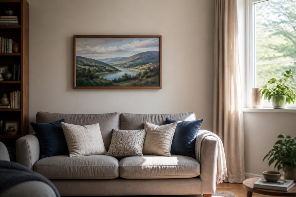 A living room wall showing a single original landscape painting in a wooden frame hung at proper eye level above a sofa, with the painting's center positioned at approximately 57 inches from the floor, natural light from a window illuminating the piece