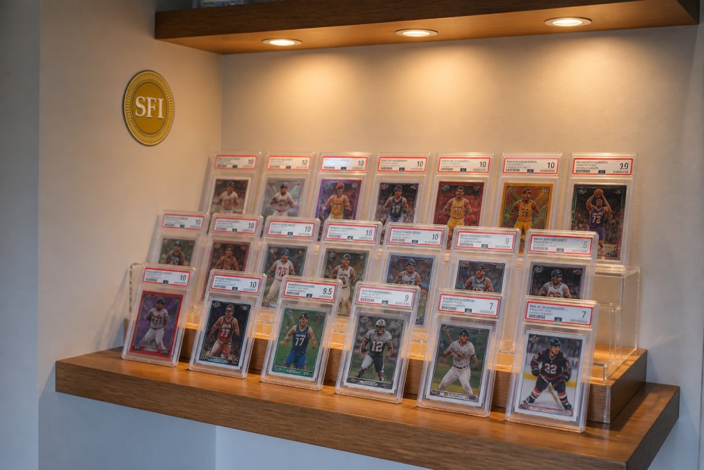 Collection of PSA graded card slabs displayed on clear acrylic risers with soft warm LED lighting from above, arranged by card grade and orientation on a wooden floating shelf against a neutral wall