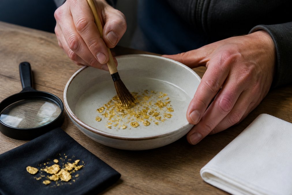 Close-up of hands gently cleaning raw gold flakes in a shallow ceramic dish with distilled water, using a soft natural-bristle brush, with a magnifying glass and lint-free cloth nearby on a wooden work surface