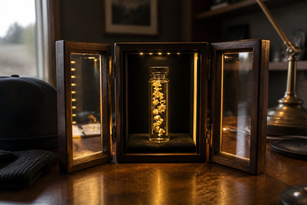 Beautifully lit tri-fold display case with raw gold flakes in a clear glass vial filled with mineral oil, backlit with warm LED lighting that makes the gold sparkle against a dark velvet background, photographed in a home office setting