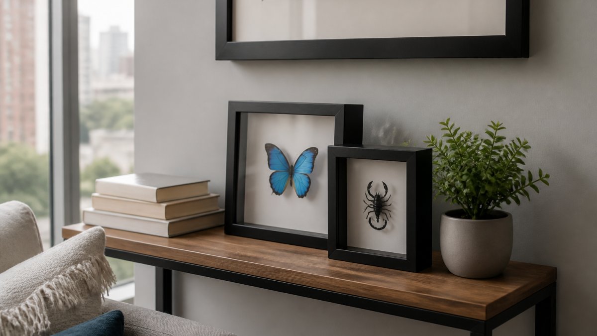 Diagram illustrating space-saving layouts for wall-mounted display cases in small apartment living room corners