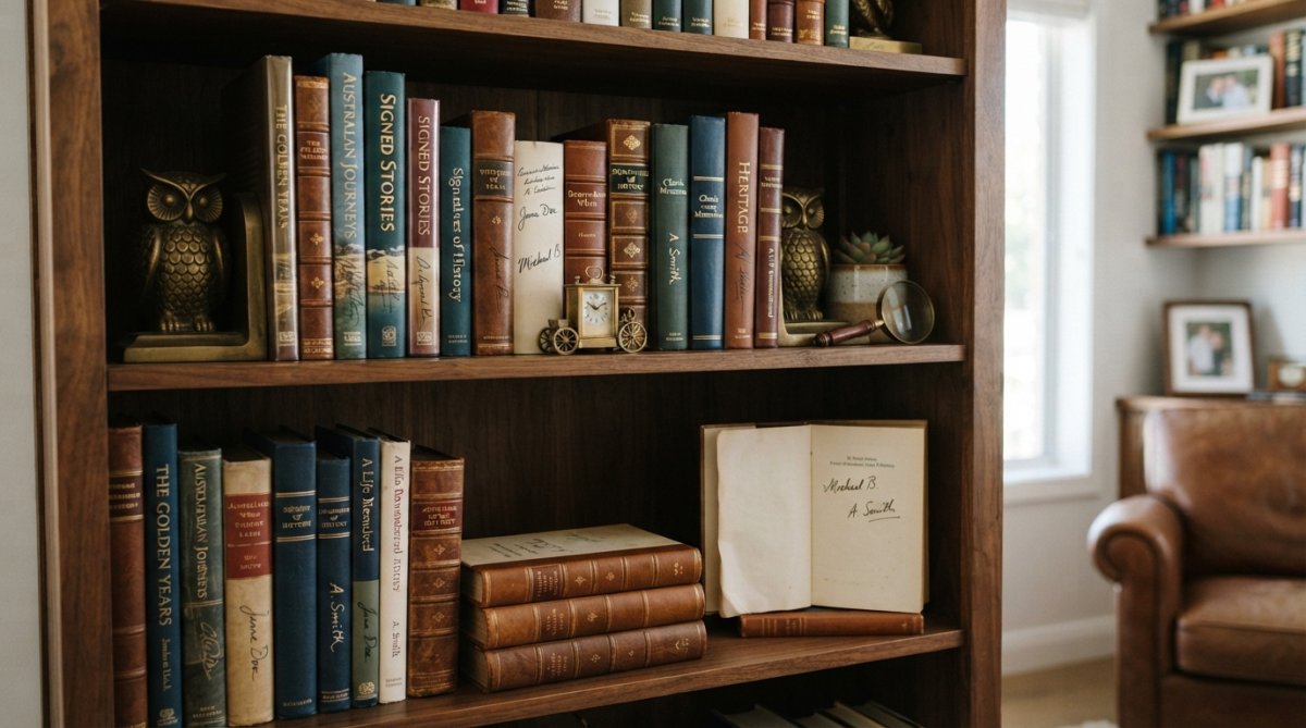 Aesthetic shelf featuring leather-bound volumes to display signed books with decorative bookends in warm lighting.