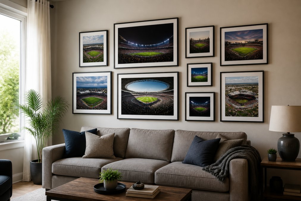 A living room wall displaying a curated gallery of framed football stadium photographs, with a mix of frame sizes and a comfortable sofa below, natural light from a nearby window