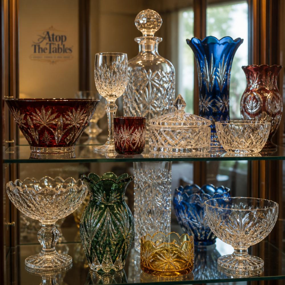 Close-up of a well-arranged vintage crystal collection displayed in a glass cabinet, showing pieces of varying heights and colors arranged with visual balance and layered depth