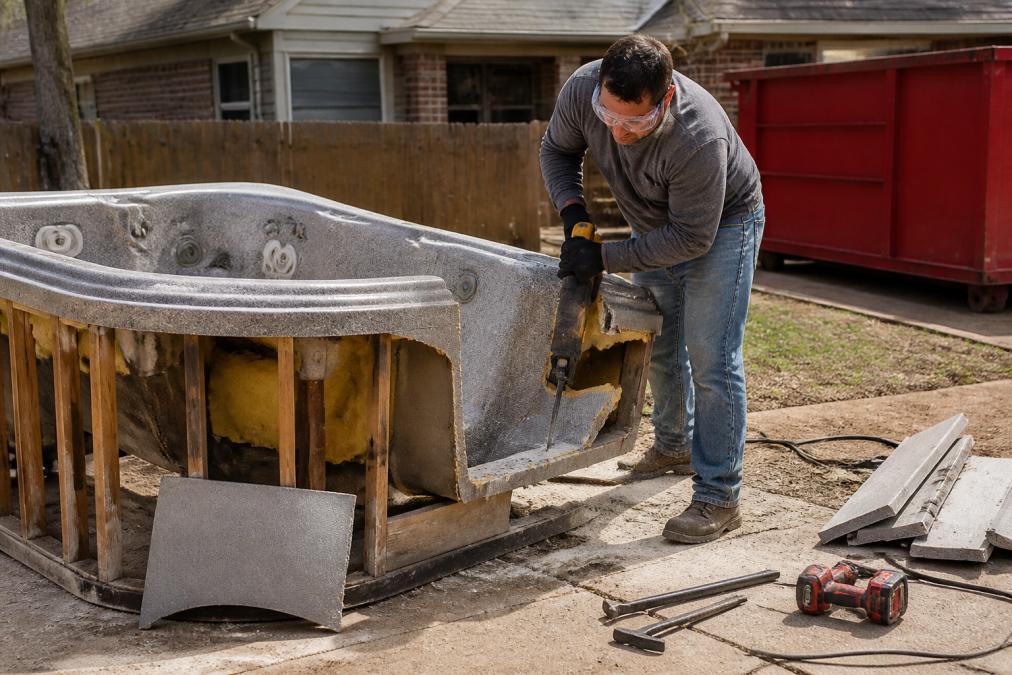 Homeowner wearing safety glasses cutting a fiberglass hot tub shell with a reciprocating saw for disposal