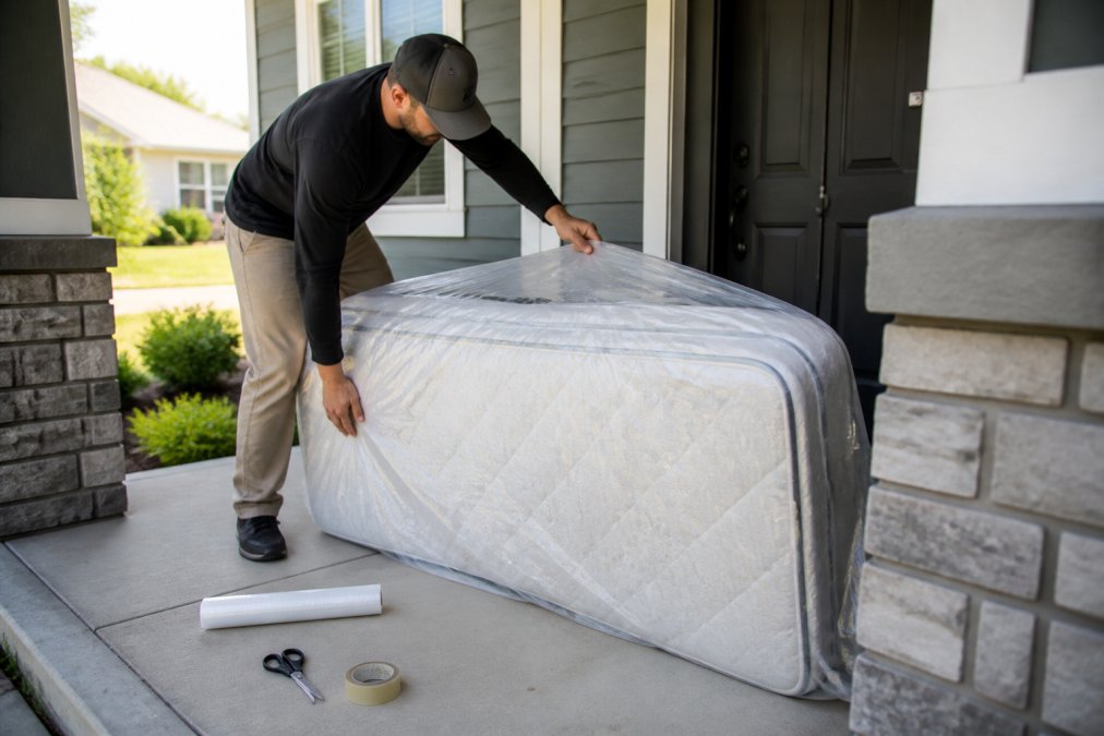 A person wrapping an old mattress in clear plastic sheeting on a front porch, with a roll of tape and scissors nearby, preparing it for curbside pickup in daylight