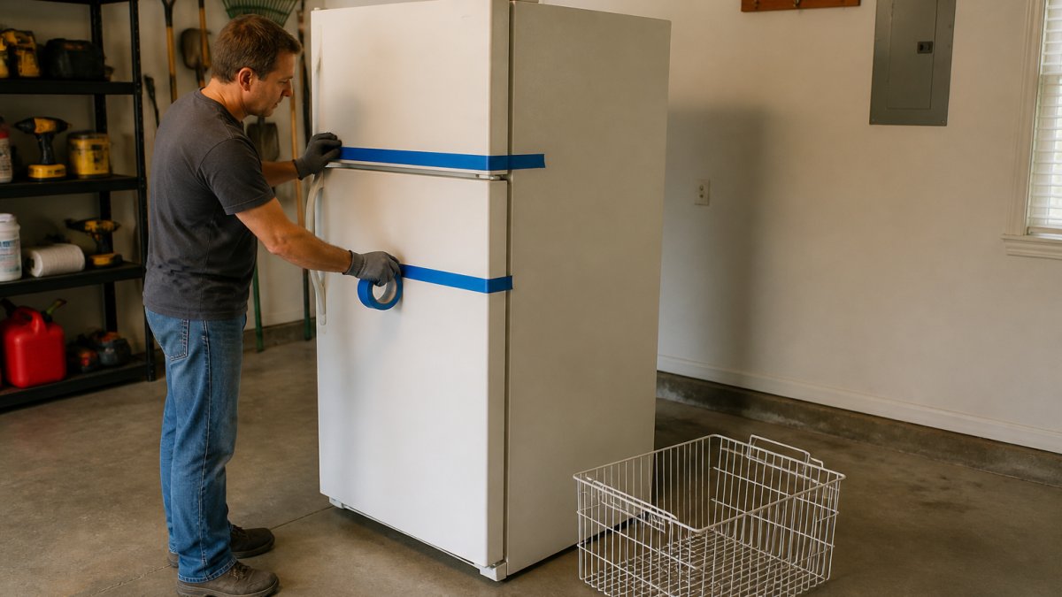 A homeowner in work gloves and a t-shirt taping a refrigerator door shut with blue painter's tape in a garage, with the fridge pulled away from the wall and an empty freezer basket on the floor beside it