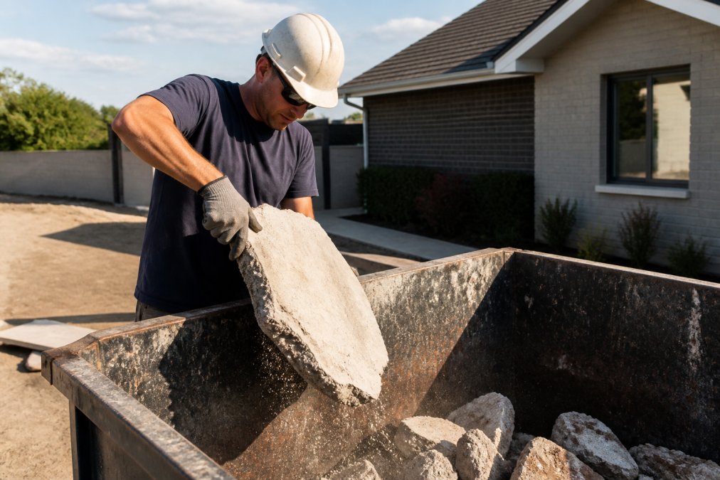 Construction worker wearing safety gear placing a heavy concrete chunk into a dumpster for debris disposal.