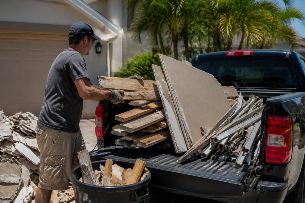 A homeowner loading sorted construction debris, wood, drywall, and metal, into the bed of a pickup truck in a residential driveway on a sunny afternoon