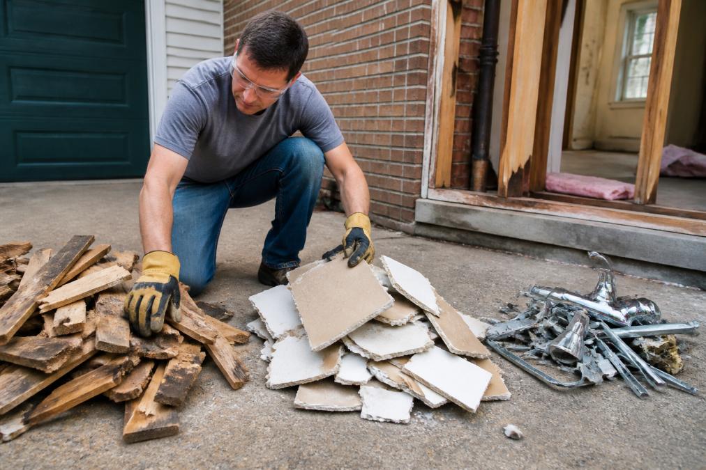 Homeowner sorting construction debris into piles of wood, drywall, and metal on a residential driveway