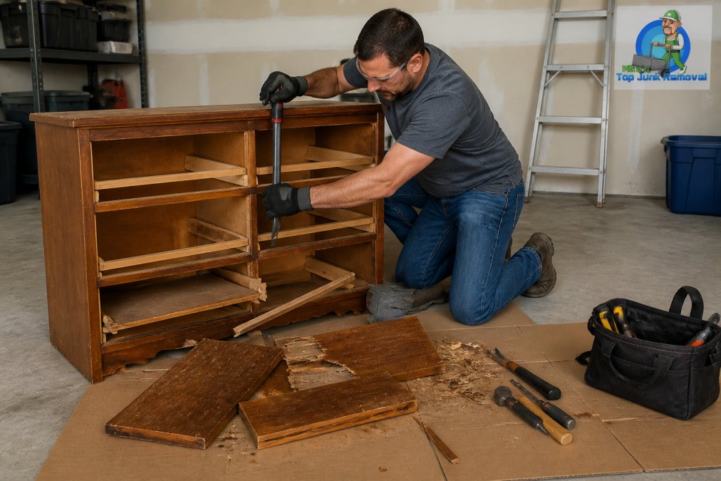 Person wearing safety gear using a pry bar to dismantle large broken furniture in a garage