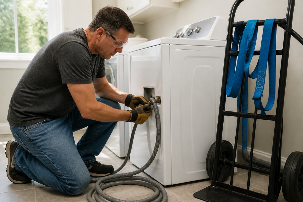 Homeowner wearing safety gear disconnecting a washing machine hose to dispose of old appliances safely.