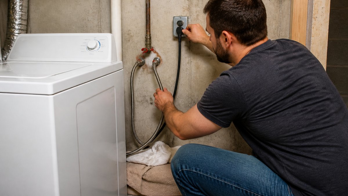 Homeowner safely disconnecting a washing machine from water supply lines and electrical outlet in a basement laundry room, with towels placed underneath to catch residual water
