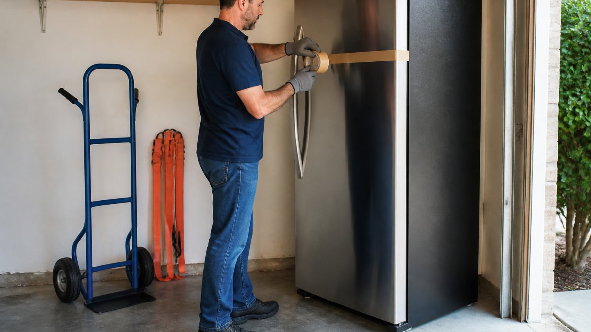 A homeowner in work gloves and closed-toe shoes taping a refrigerator door shut with moving tape in a garage, dolly and moving straps nearby
