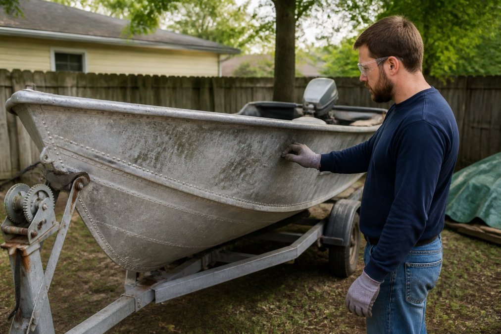 Person wearing safety gear inspecting an aluminum boat before they dispose of old boats