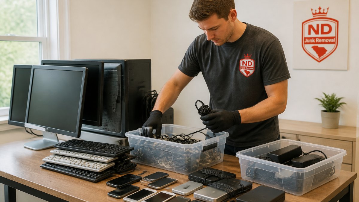 Person sorting various old electronics on a table including desktop monitors, keyboards, tangled cables, mobile phones, and external hard drives, organizing items by type in bright natural light