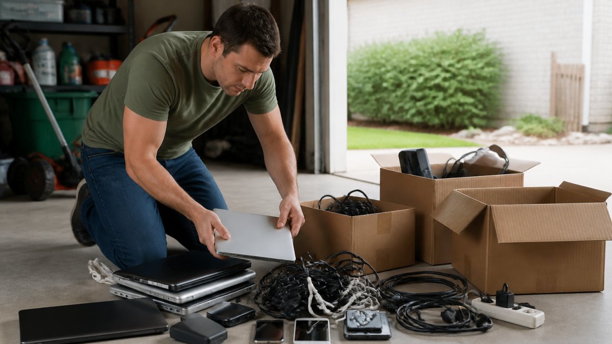 Person sorting laptops, phones, and cables into boxes to prepare to dispose of old electronics in a garage.