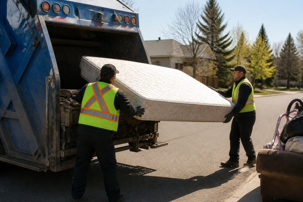 Professional sanitation workers in safety vests loading a mattress onto a municipal bulk waste collection truck on a residential street, morning light
