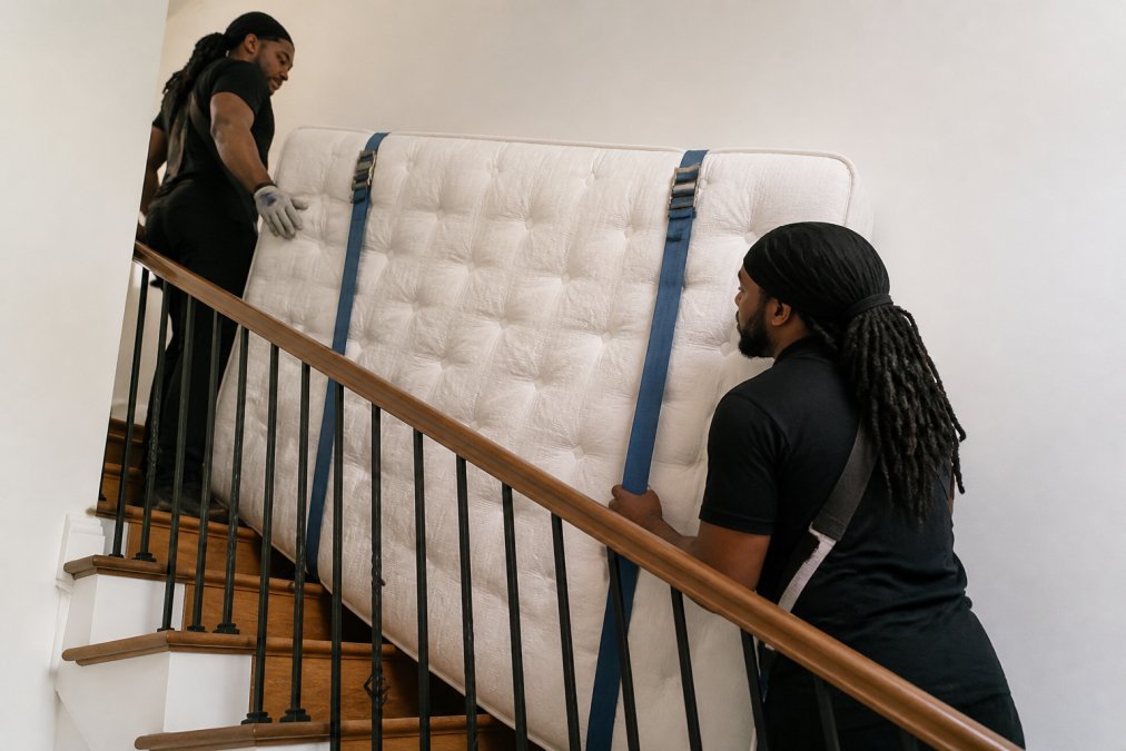Professional junk removal team in branded uniforms carefully maneuvering a mattress down a residential staircase with protective equipment and moving straps