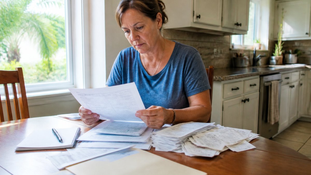 A homeowner at a kitchen table reviewing a stack of insurance documents and repair receipts, with a pen and notepad nearby, natural window light
