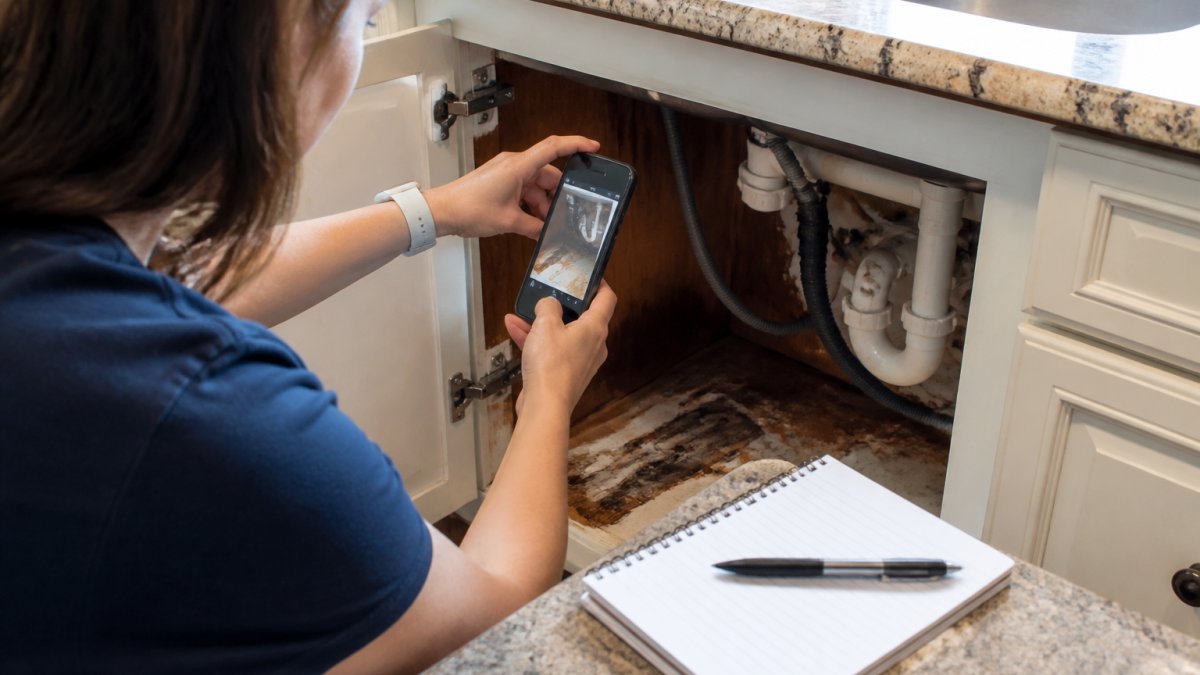 Homeowner photographing water damage beneath a sink with a smartphone, with a notepad and pen on the counter for recording details and dates