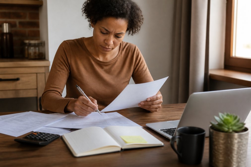 Person reviewing credit report documents and statements at a desk with a laptop, organizing papers and taking notes, with a pen ready to mark errors